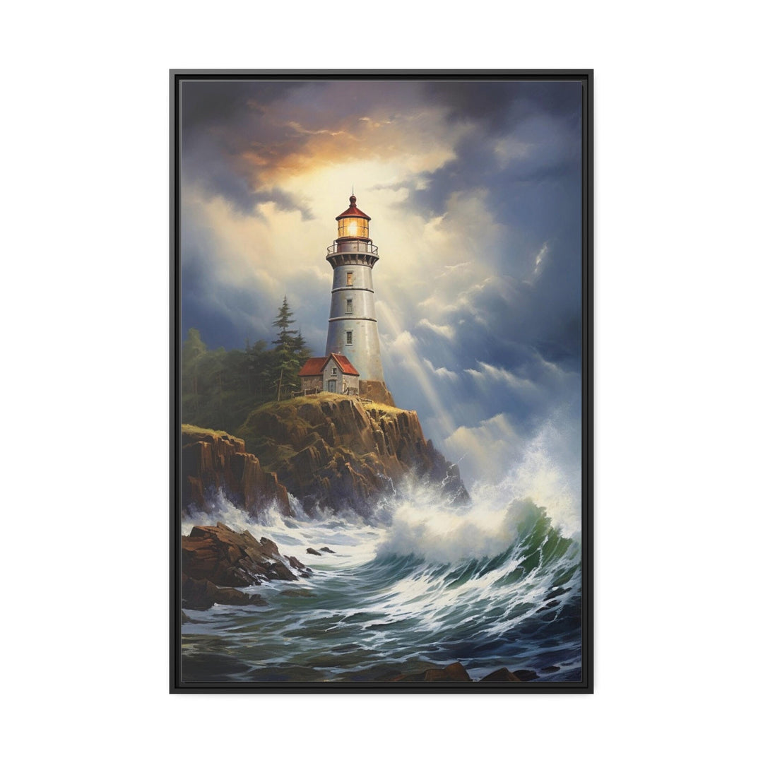 Lighthouse In Stormy Ocean Framed Canvas Wall Art close up