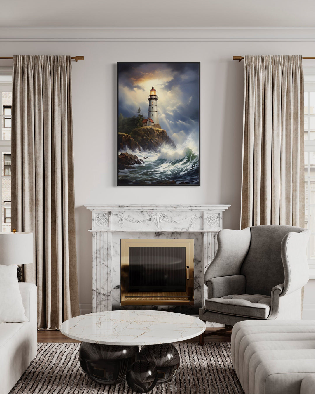 Lighthouse In Stormy Ocean Framed Canvas Wall Art above mantel