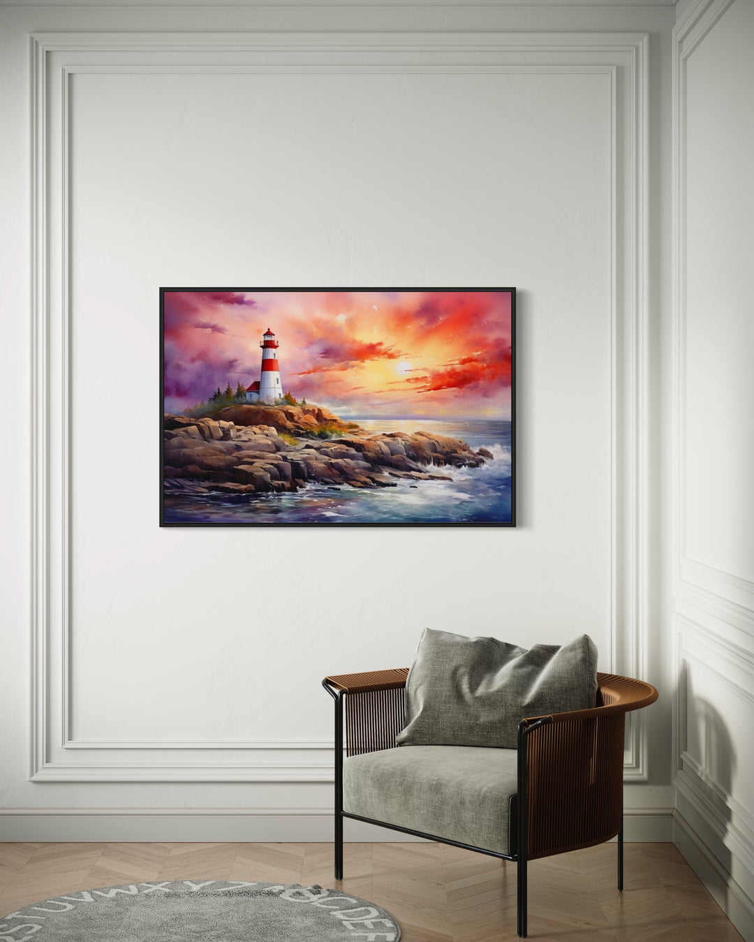 Colorful Lighthouse At Sunset Framed Nautical Wall Decor behind armchair