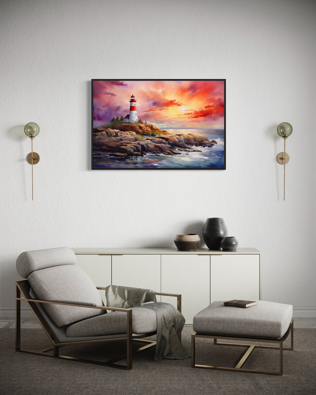 Colorful Lighthouse At Sunset Framed Nautical Wall Decor in living room