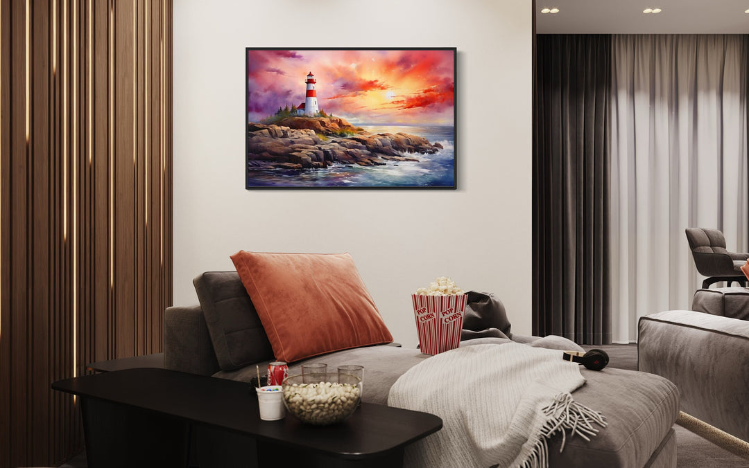 Colorful Lighthouse At Sunset Framed Nautical Wall Decor in man cave