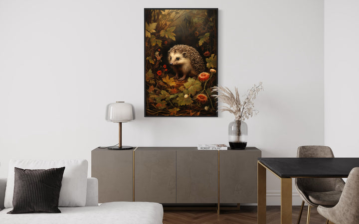 Hedgehog In The Forest Forestcore Framed Canvas Wall Art in living room