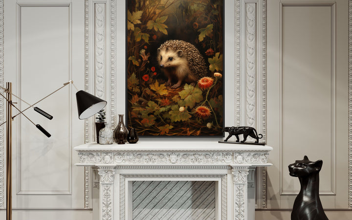 Hedgehog In The Forest Forestcore Framed Canvas Wall Art above fireplace