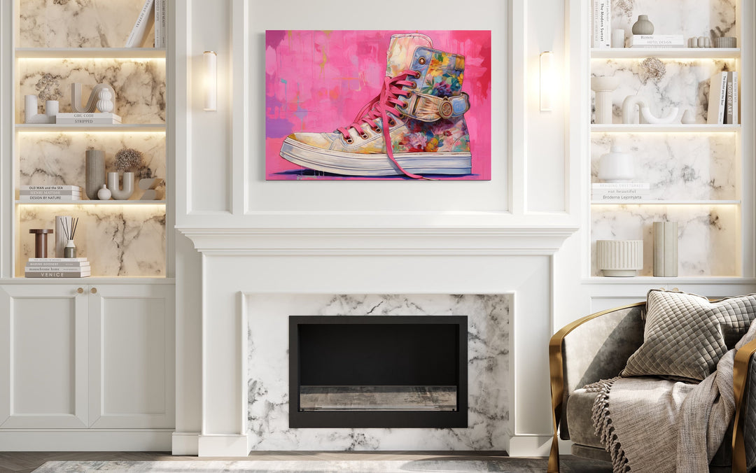 Pink Sneaker Girls Room Preppy Framed Canvas Wall Art above mantel