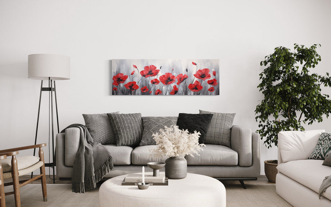 Red Poppies on Grey Background Horizontal Framed Canvas Wall Art above couch