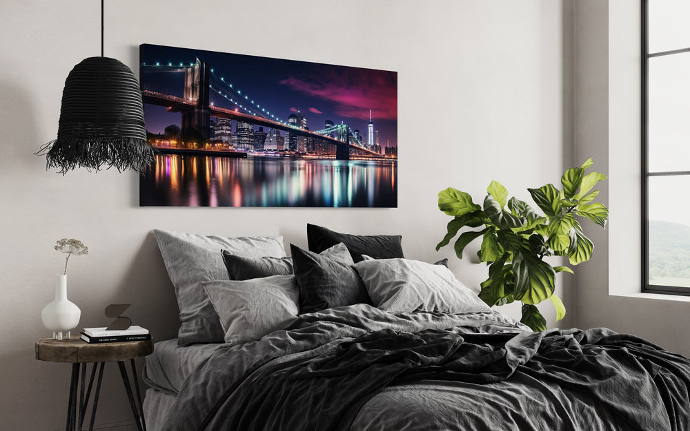 New York City Skyline With Brooklyn Bridge Framed Canvas Wall Art above bed