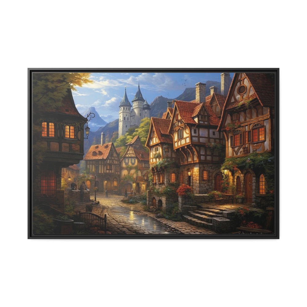 Medieval European Whimsical Village Framed Canvas Wall Art close up