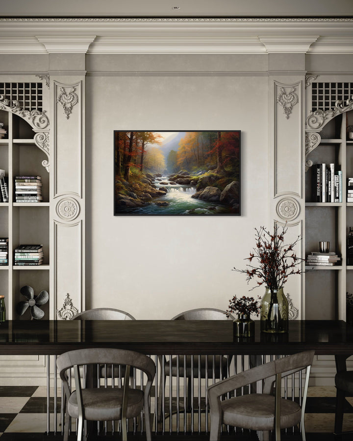 Mountain River Forest Landscape Nature Framed Canvas Wall Art in dining room