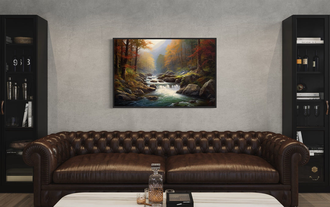 Mountain River Forest Landscape Nature Framed Canvas Wall Art in living room