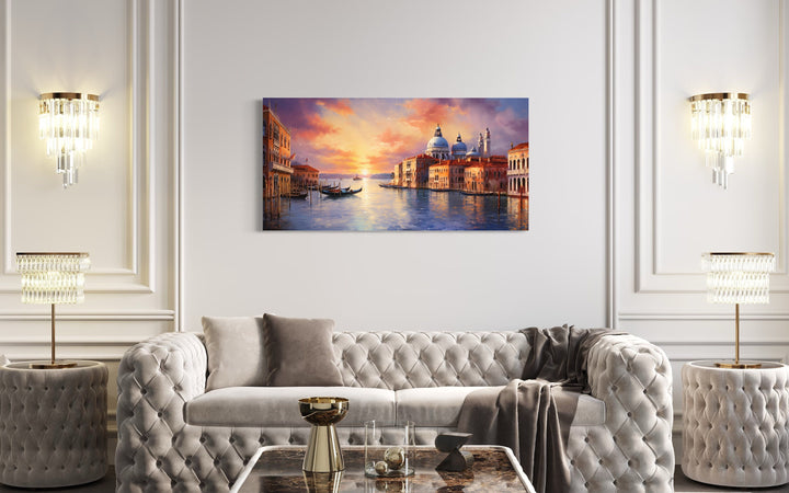 Venice Grand Canal At Sunset Framed Canvas Wall Art above white couch