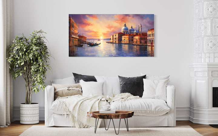 Venice Grand Canal At Sunset Framed Canvas Wall Art above white couch