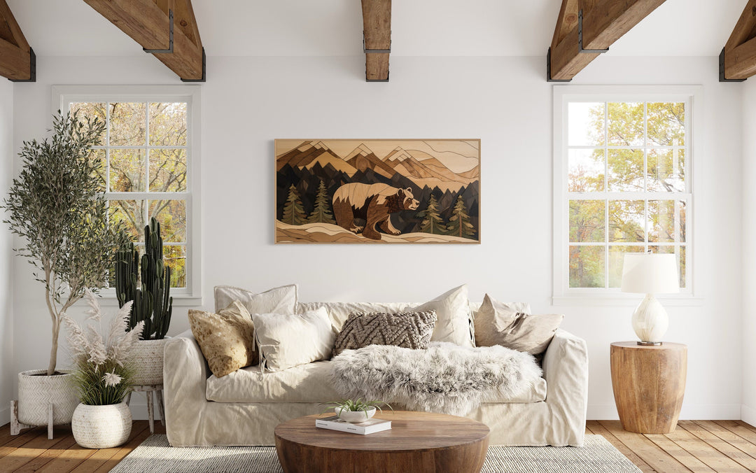 Bear in Mountains Wood Panel Effect Cabin Decor Framed Canvas Wall Art above beige couch