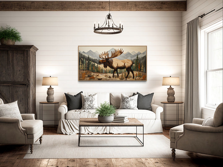 Moose In Mountain Forest Cabin Decor Wall Art in rustic home