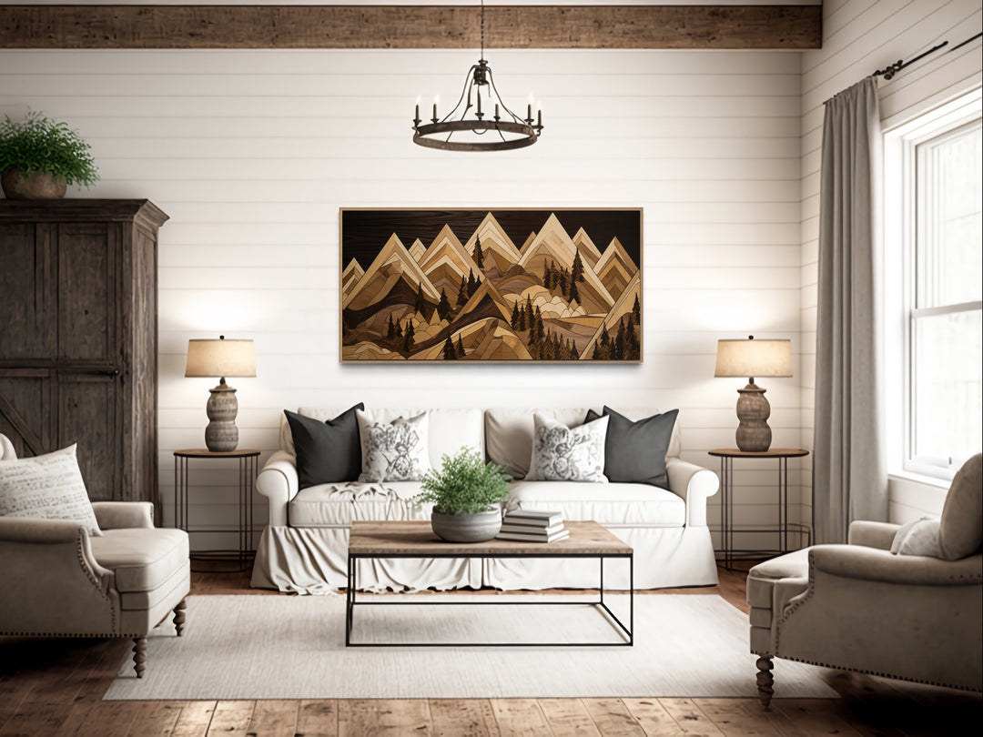 Wood Mountain Painting Framed Canvas Wall Art in rustic living room