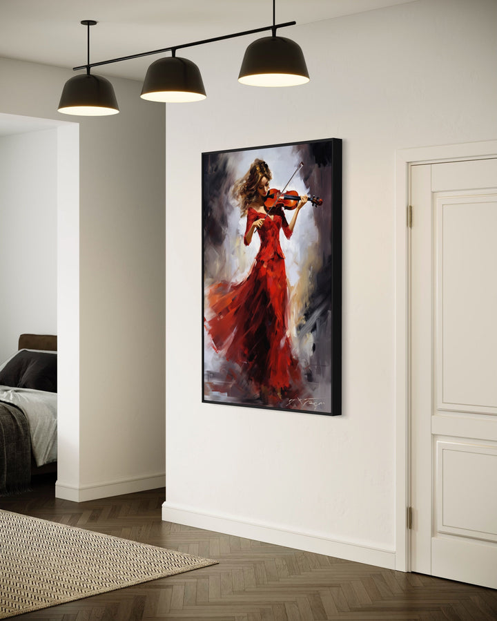Violin Player In Red Dress Framed Canvas Wall Art in living room