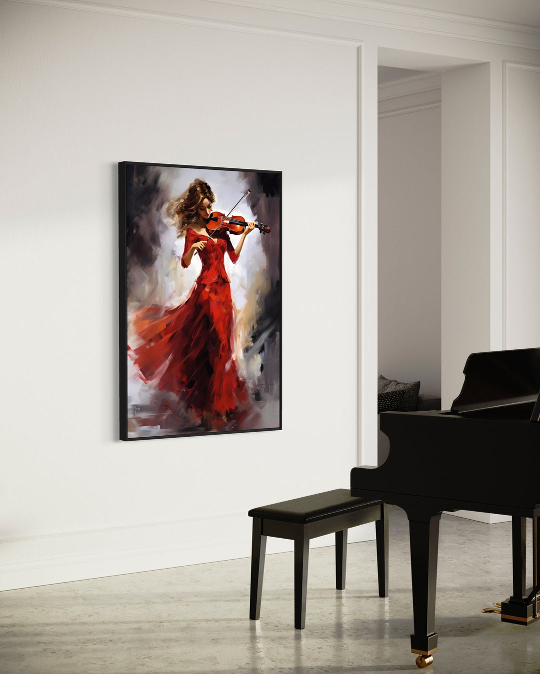 Violin Player In Red Dress Framed Canvas Wall Art in music room
