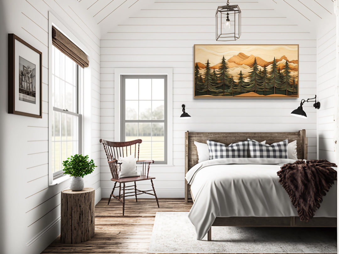 Fir Tree Forest Painting Wood Panel Effect Framed Canvas Wall Art above rustic cabin bed