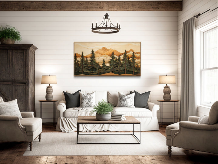 Fir Tree Forest Painting Wood Panel Effect Framed Canvas Wall Art in rustic cabin