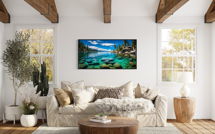 Sand Harbor Lake Tahoe Landscape Framed Canvas Wall Art in living room