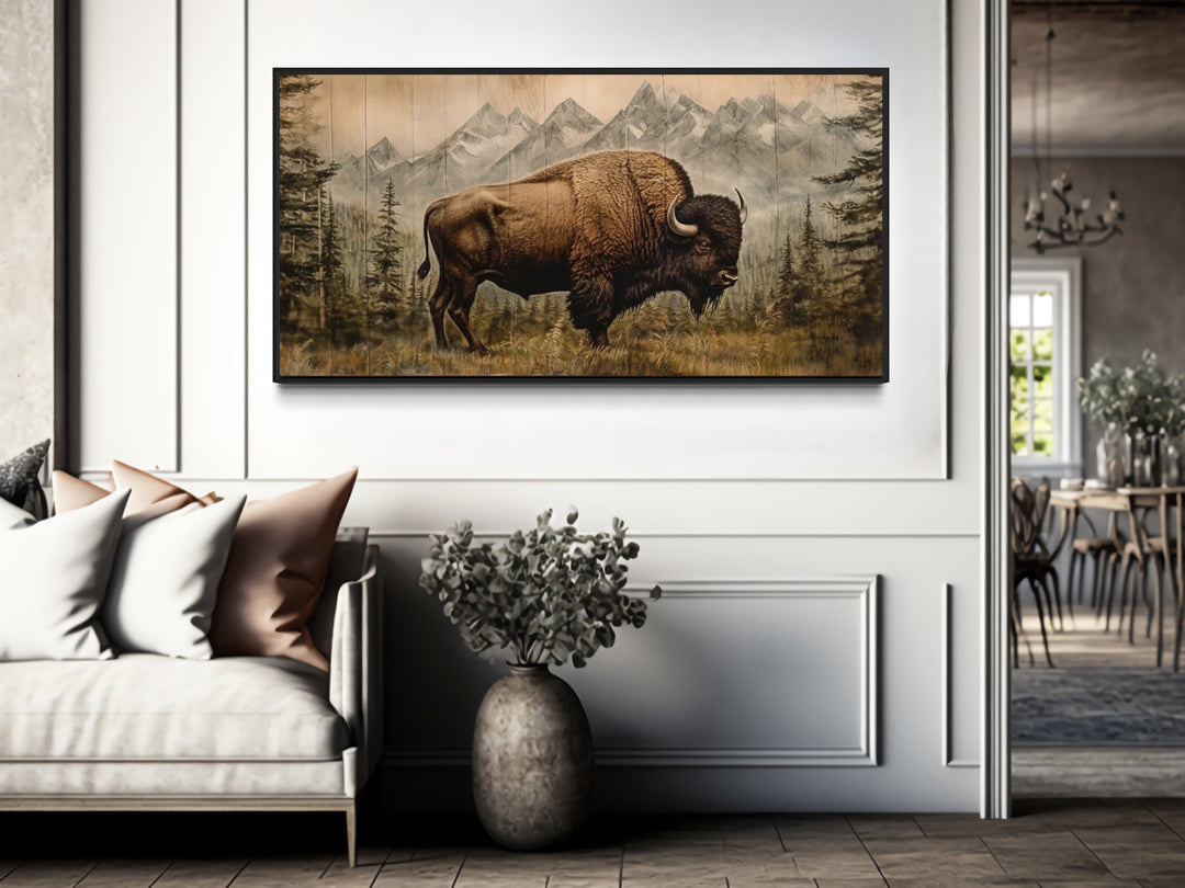 American Bison Painting Wood Panel Effect Western Wall Art in rustic home