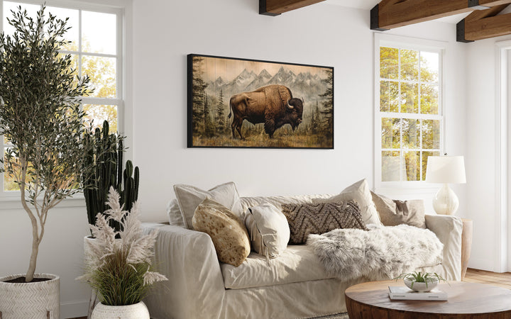 American Bison Painting Wood Panel Effect Western Wall Art above beige couch