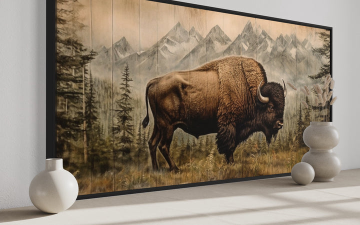 American Bison Painting Wood Panel Effect Western Wall Art side view