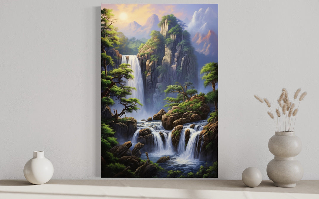 Mountain Forest Waterfall Landscape Framed Canvas Wall Art close up