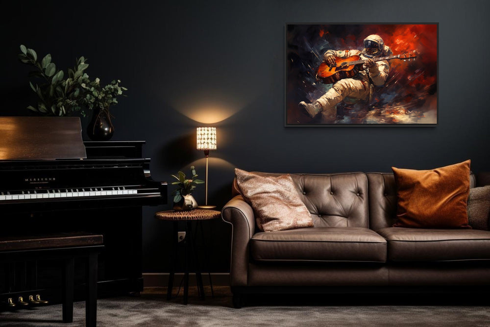 Astronaut Playing Guitar Framed Canvas Wall Art in music room