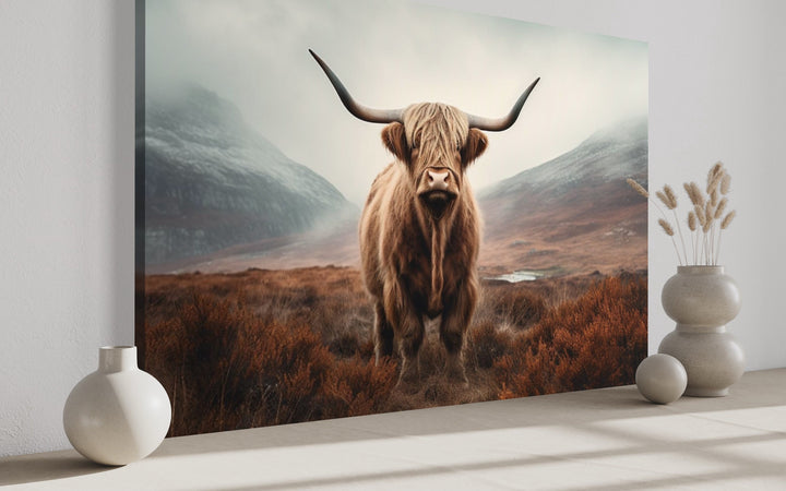 Muted Colors Highland Cow Framed Canvas Wall Art side view