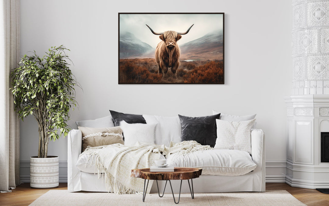Muted Colors Highland Cow Framed Canvas Wall Art above white couch