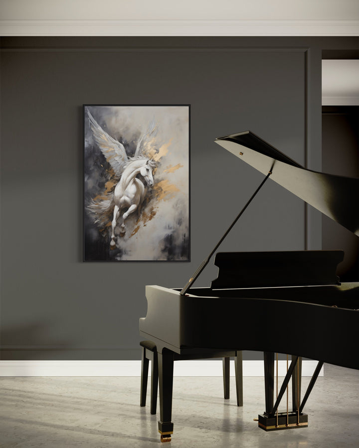 Black White Gold Pegasus Wall Art in music room