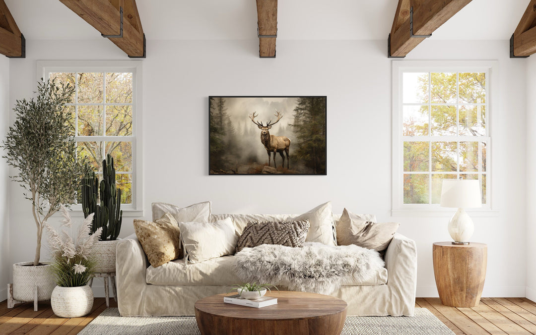 Elk Painting Rustic Wildlife Wall Decor above beige couch