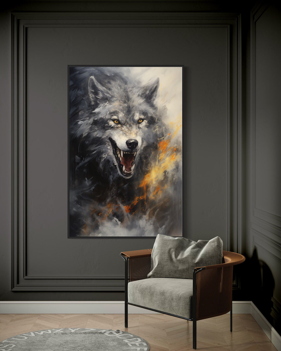 Fenrir Wolf Norse Mythology Framed Canvas Wall Art behind armchair