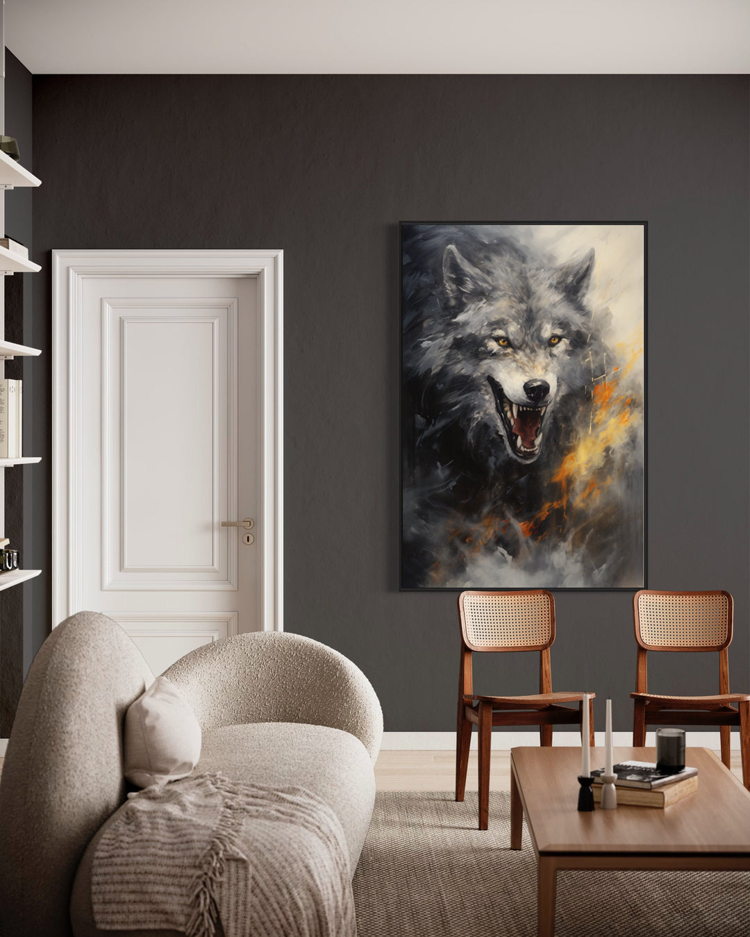 Fenrir Wolf Norse Mythology Framed Canvas Wall Art in living room