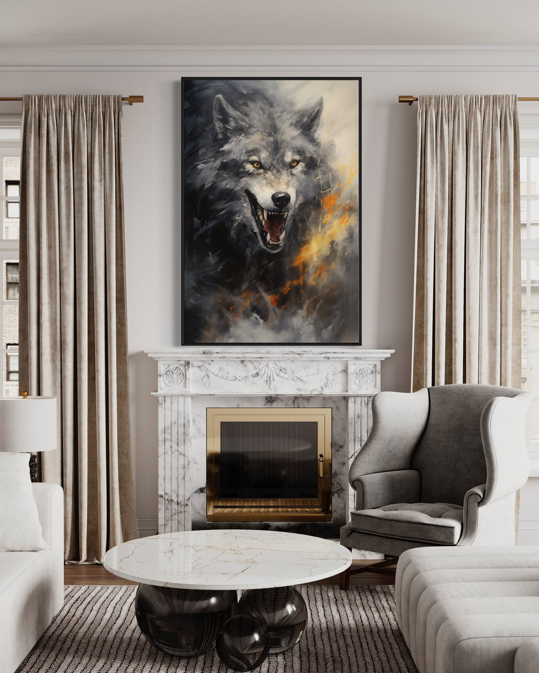 Fenrir Wolf Norse Mythology Framed Canvas Wall Art above fireplace