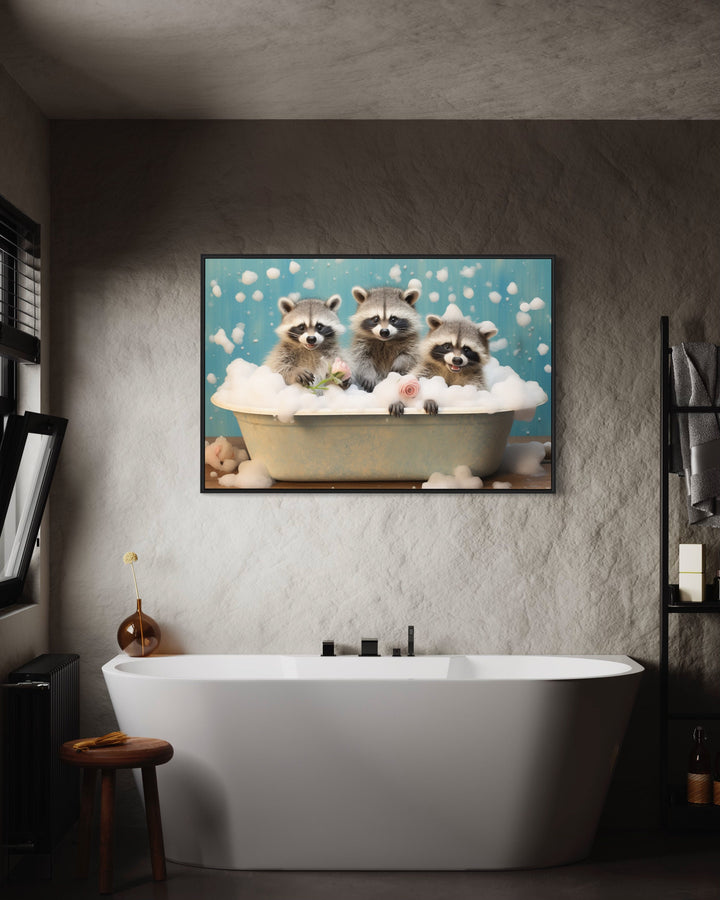 three Racoons In a Bathtub Framed Canvas Wall Art in rustic bathroom