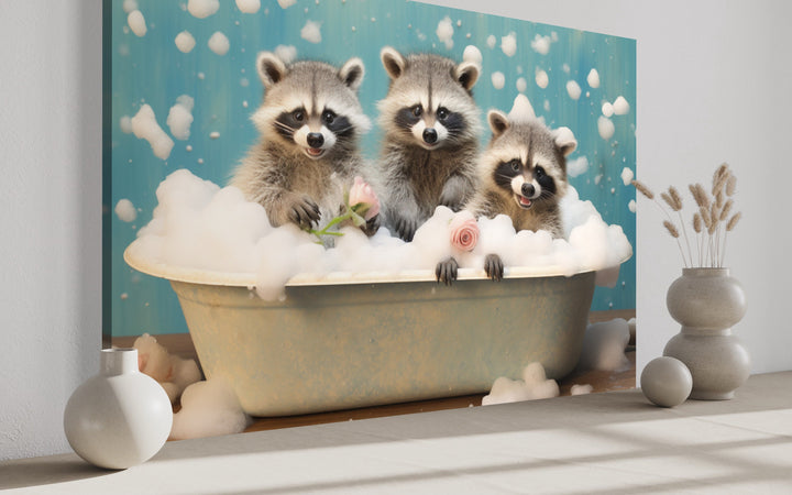 three Racoons In a Bathtub Framed Canvas Wall Art side view