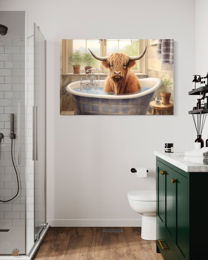 Highland Cow in a Bathtub Framed Canvas Wall Art in the washroom