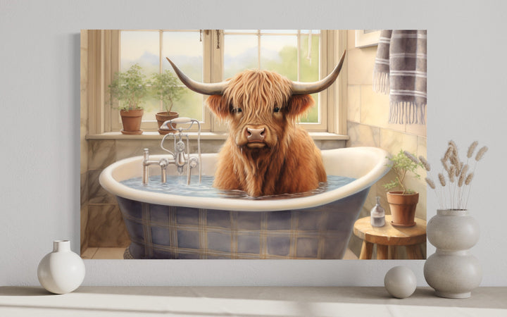 Highland Cow in a Bathtub Framed Canvas Wall Art