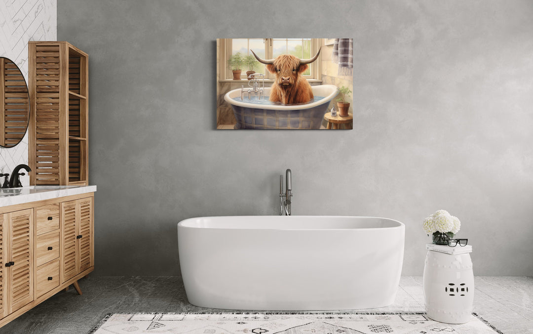 Highland Cow in a Bathtub Framed Canvas Wall Art in grey bathroom