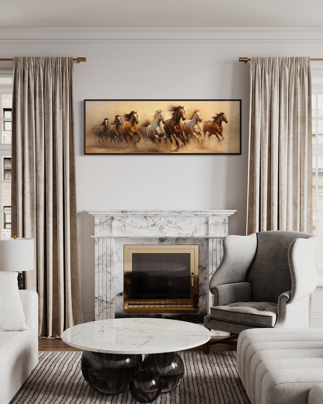 Herd of Wild Horses Running Panoramic Wall Art above fireplace