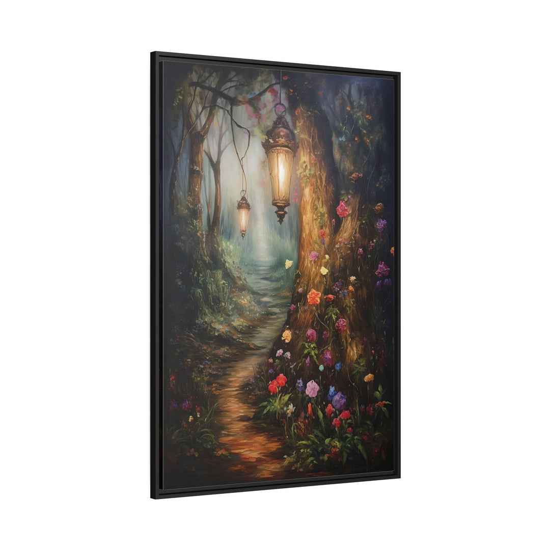 Enchanted Mystical Forest And Lighted Path Framed Canvas Wall Art side view