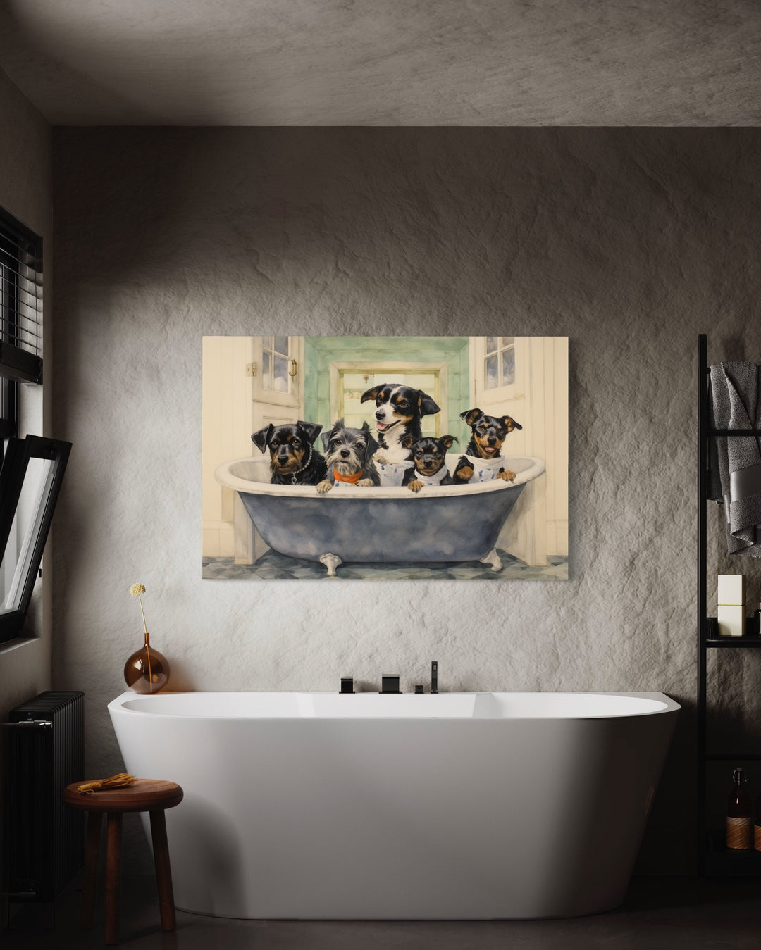 Dogs in a Bathtub Watercolor Framed Canvas Wall Art in rustic bathroom