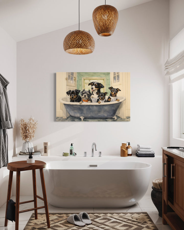 Dogs in a Bathtub Watercolor Framed Canvas Wall Art