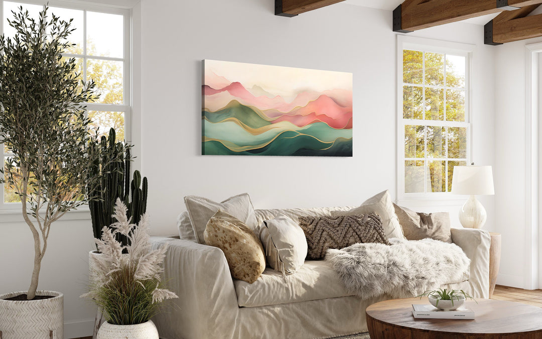 Blush Pink Green Abstract Mountain Landscape Framed Canvas Wall Art above couch