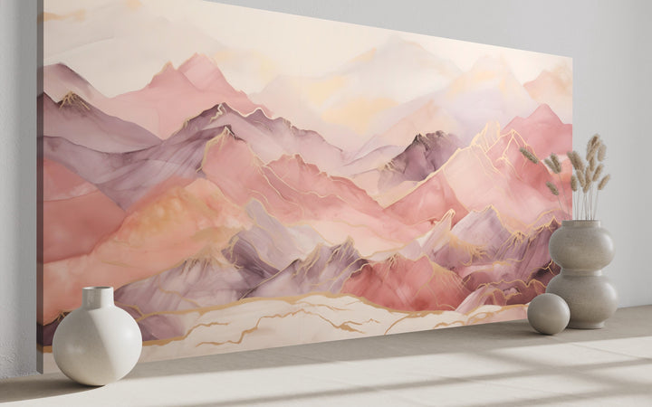 Pink Brown Abstract Marble Mountain Landscape Framed Canvas Wall Art side view