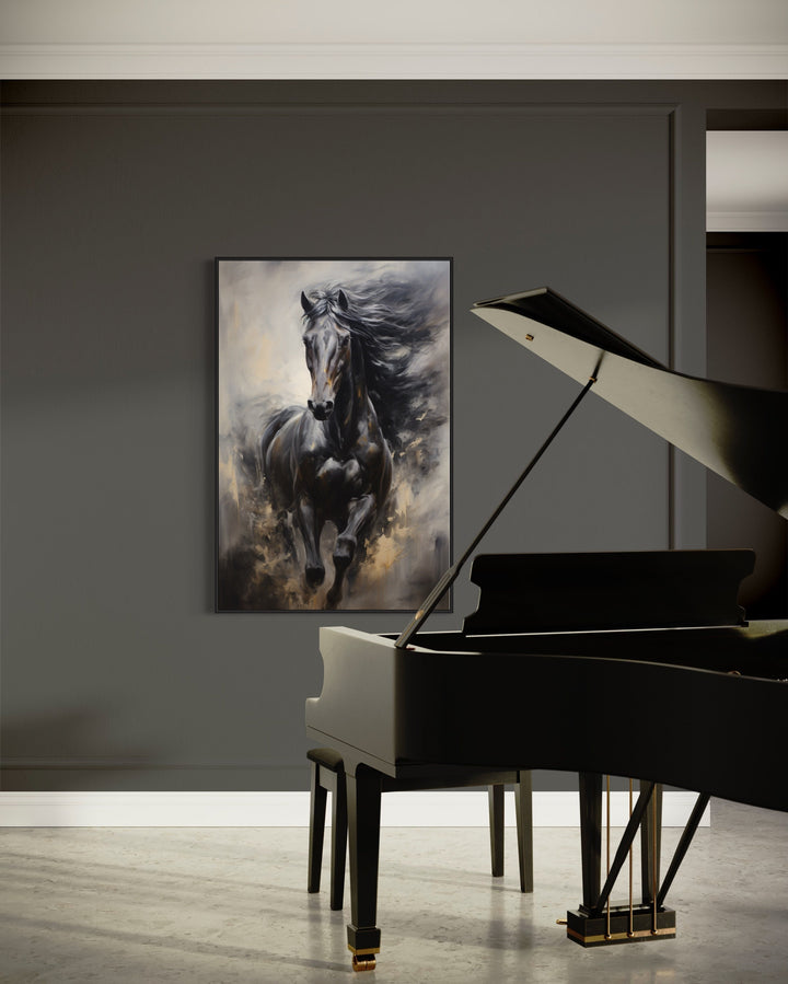 Black Horse Modern Abstract Painting Extra Large Framed Canvas Wall Art in music room