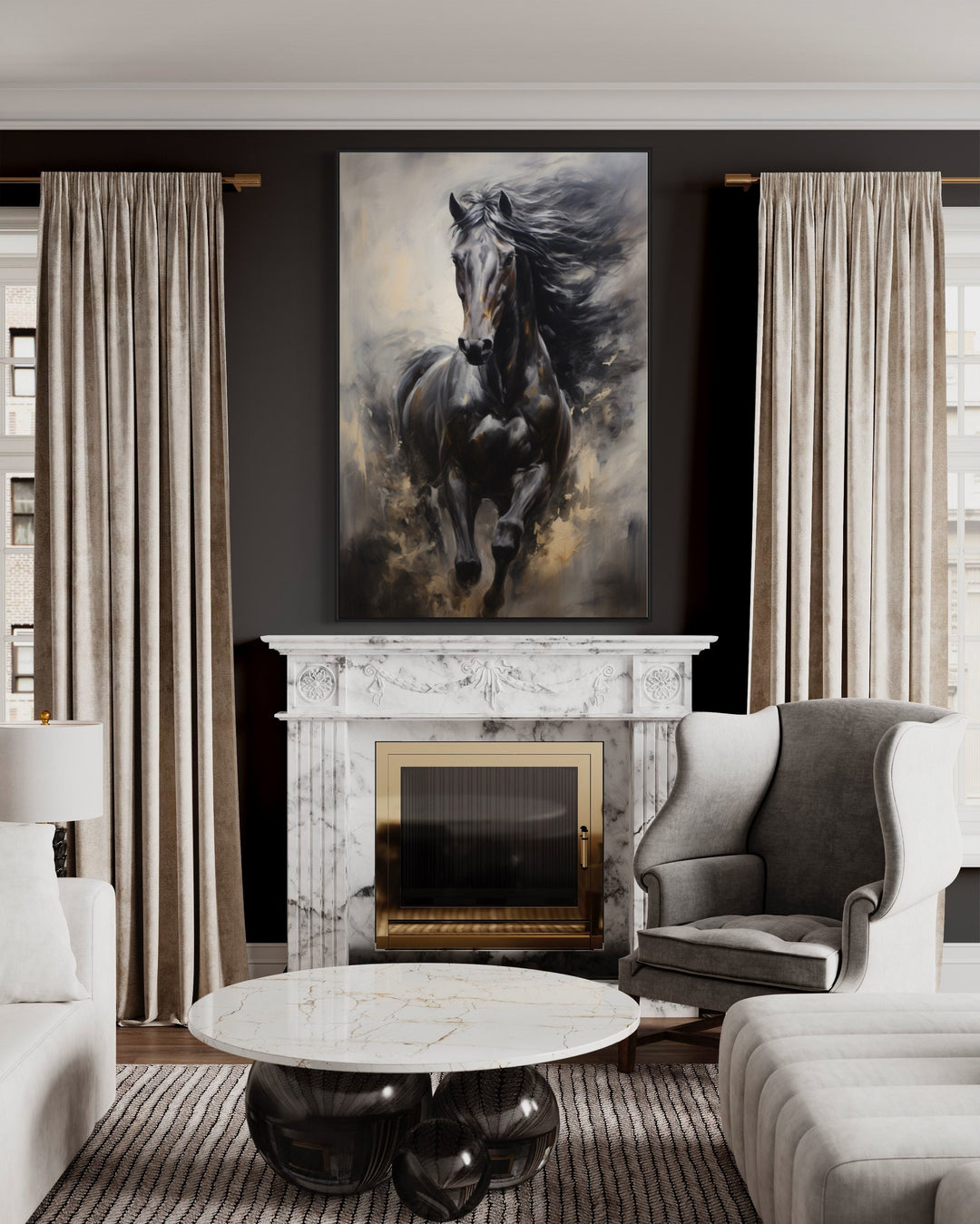Black Horse Modern Abstract Painting Framed Canvas Wall Art above fireplace