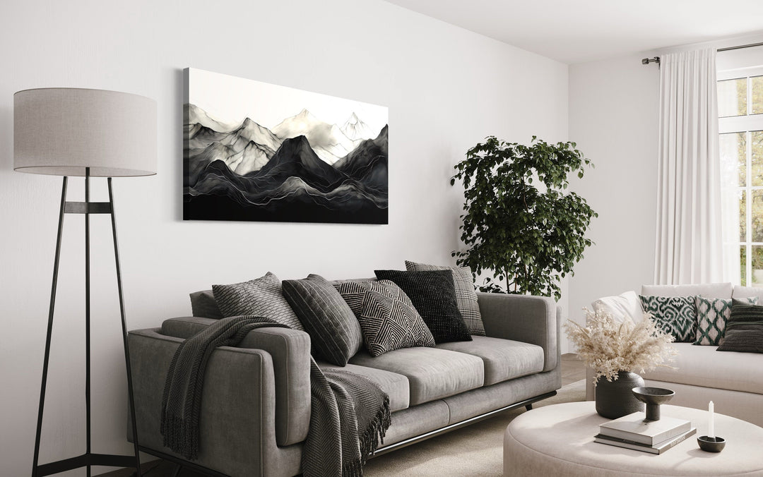 Black And White Abstract Marble Mountains Framed Canvas Wall Art above couch