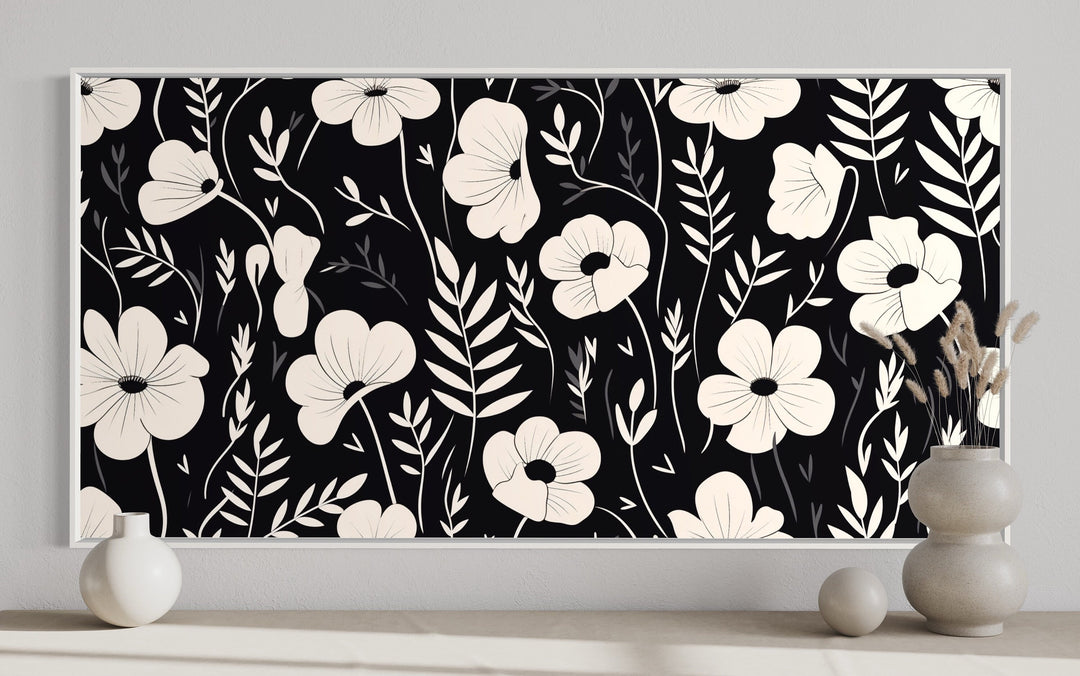 Black And White Flowers Framed Canvas Wall Art close up